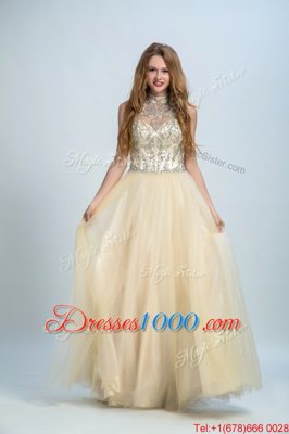 Noble Floor Length Zipper Evening Dress Champagne and In for Prom with Beading
