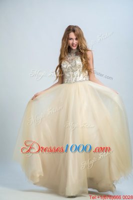 Noble Floor Length Zipper Evening Dress Champagne and In for Prom with Beading
