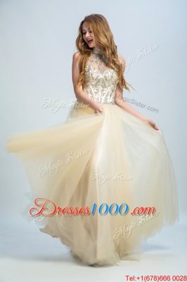 Noble Floor Length Zipper Evening Dress Champagne and In for Prom with Beading