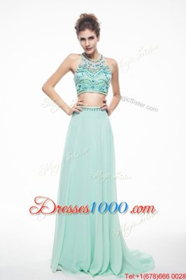 Scoop Chiffon Sleeveless With Train Prom Party Dress Brush Train and Beading