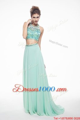 Scoop Chiffon Sleeveless With Train Prom Party Dress Brush Train and Beading