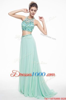 Scoop Chiffon Sleeveless With Train Prom Party Dress Brush Train and Beading