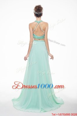 Scoop Chiffon Sleeveless With Train Prom Party Dress Brush Train and Beading