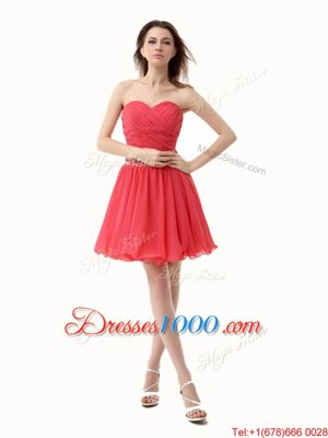 Delicate Watermelon Red Chiffon Zipper Sweetheart Sleeveless Mini Length Homecoming Dress Beading and Ruching