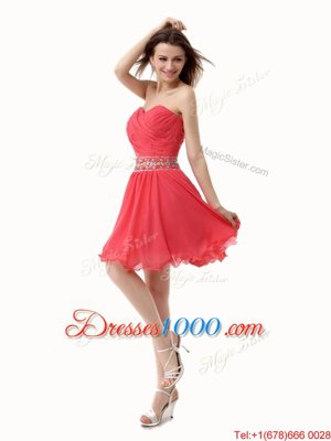 Delicate Watermelon Red Chiffon Zipper Sweetheart Sleeveless Mini Length Homecoming Dress Beading and Ruching