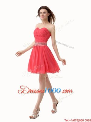 Delicate Watermelon Red Chiffon Zipper Sweetheart Sleeveless Mini Length Homecoming Dress Beading and Ruching