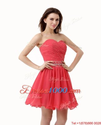Delicate Watermelon Red Chiffon Zipper Sweetheart Sleeveless Mini Length Homecoming Dress Beading and Ruching