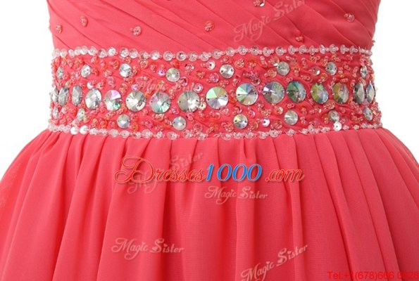 Delicate Watermelon Red Chiffon Zipper Sweetheart Sleeveless Mini Length Homecoming Dress Beading and Ruching