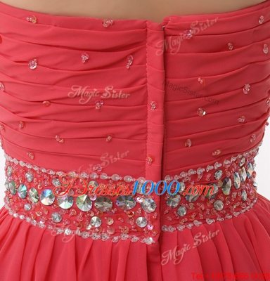 Delicate Watermelon Red Chiffon Zipper Sweetheart Sleeveless Mini Length Homecoming Dress Beading and Ruching