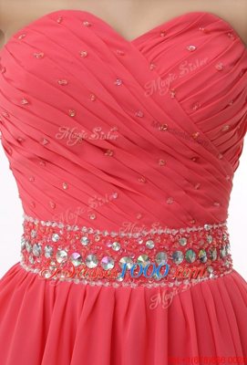 Delicate Watermelon Red Chiffon Zipper Sweetheart Sleeveless Mini Length Homecoming Dress Beading and Ruching