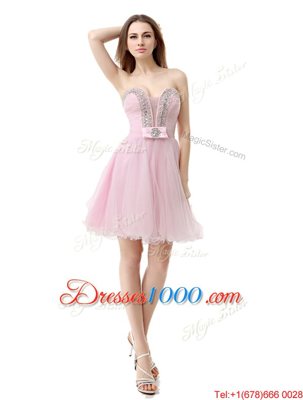 Colorful Baby Pink A-line V-neck Sleeveless Tulle Knee Length Zipper Beading Prom Dress