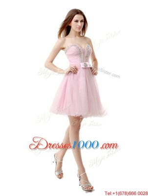 Colorful Baby Pink A-line V-neck Sleeveless Tulle Knee Length Zipper Beading Prom Dress