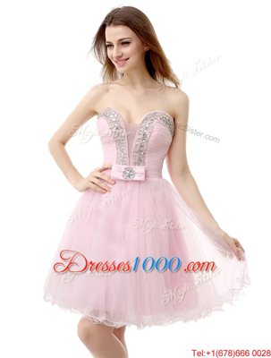 Colorful Baby Pink A-line V-neck Sleeveless Tulle Knee Length Zipper Beading Prom Dress