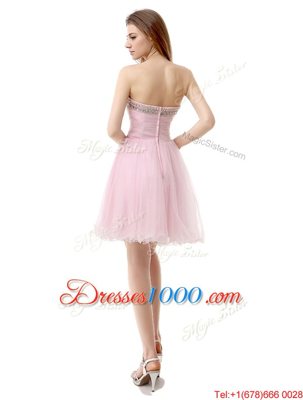 Colorful Baby Pink A-line V-neck Sleeveless Tulle Knee Length Zipper Beading Prom Dress
