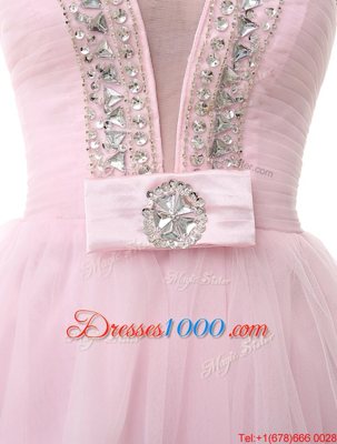 Colorful Baby Pink A-line V-neck Sleeveless Tulle Knee Length Zipper Beading Prom Dress
