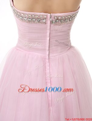 Colorful Baby Pink A-line V-neck Sleeveless Tulle Knee Length Zipper Beading Prom Dress