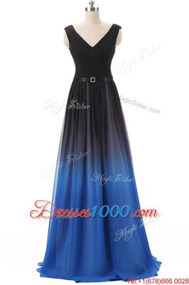 Best Blue And Black Empire Beading Prom Dresses Lace Up Chiffon Sleeveless
