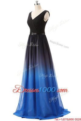 Best Blue And Black Empire Beading Prom Dresses Lace Up Chiffon Sleeveless