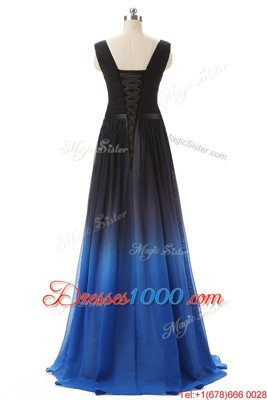 Best Blue And Black Empire Beading Prom Dresses Lace Up Chiffon Sleeveless