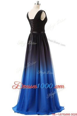 Best Blue And Black Empire Beading Prom Dresses Lace Up Chiffon Sleeveless