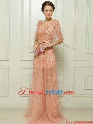 Peach V-neck Zipper Beading and Appliques Prom Party Dress Brush Train Cap Sleeves