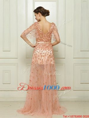 Peach V-neck Zipper Beading and Appliques Prom Party Dress Brush Train Cap Sleeves