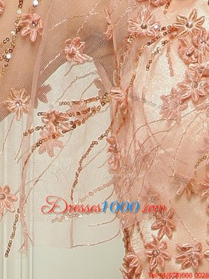 Peach V-neck Zipper Beading and Appliques Prom Party Dress Brush Train Cap Sleeves