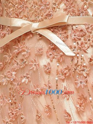 Peach V-neck Zipper Beading and Appliques Prom Party Dress Brush Train Cap Sleeves