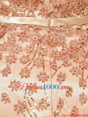 Peach V-neck Zipper Beading and Appliques Prom Party Dress Brush Train Cap Sleeves