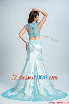 Fitting Blue And White Mermaid V-neck Sleeveless Chiffon With Brush Train Zipper Beading and Pattern Evening Party Dresses