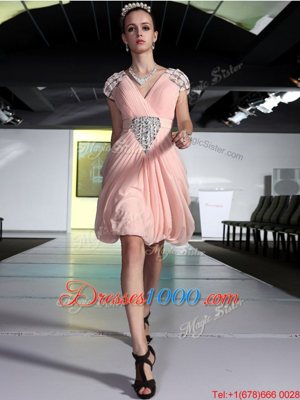 Customized V-neck Sleeveless Cocktail Dress Knee Length Beading Peach Chiffon