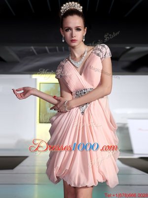 Customized V-neck Sleeveless Cocktail Dress Knee Length Beading Peach Chiffon