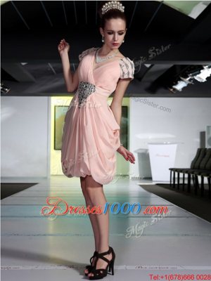 Customized V-neck Sleeveless Cocktail Dress Knee Length Beading Peach Chiffon