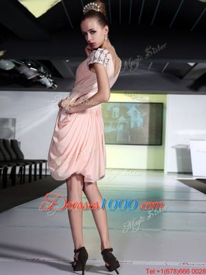 Customized V-neck Sleeveless Cocktail Dress Knee Length Beading Peach Chiffon