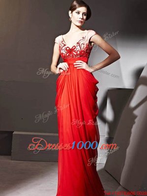 V-neck Cap Sleeves Prom Evening Gown Floor Length Beading and Appliques and Ruching Red Chiffon