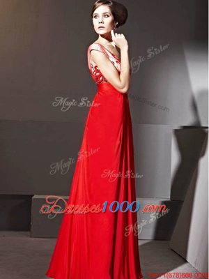 V-neck Cap Sleeves Prom Evening Gown Floor Length Beading and Appliques and Ruching Red Chiffon