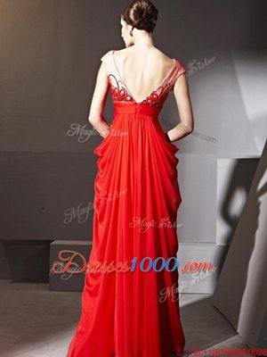 V-neck Cap Sleeves Prom Evening Gown Floor Length Beading and Appliques and Ruching Red Chiffon