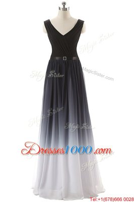 Black Empire V-neck Sleeveless Chiffon Floor Length Lace Up Ruching and Belt Prom Dresses