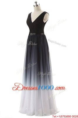 Black Empire V-neck Sleeveless Chiffon Floor Length Lace Up Ruching and Belt Prom Dresses