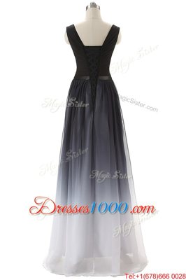 Black Empire V-neck Sleeveless Chiffon Floor Length Lace Up Ruching and Belt Prom Dresses