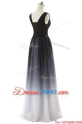 Black Empire V-neck Sleeveless Chiffon Floor Length Lace Up Ruching and Belt Prom Dresses