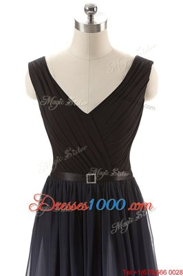 Black Empire V-neck Sleeveless Chiffon Floor Length Lace Up Ruching and Belt Prom Dresses