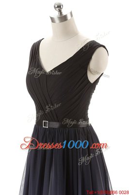 Black Empire V-neck Sleeveless Chiffon Floor Length Lace Up Ruching and Belt Prom Dresses