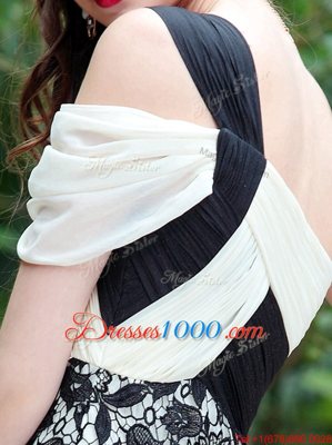 One Shoulder White And Black Criss Cross Dress for Prom Lace Sleeveless Knee Length