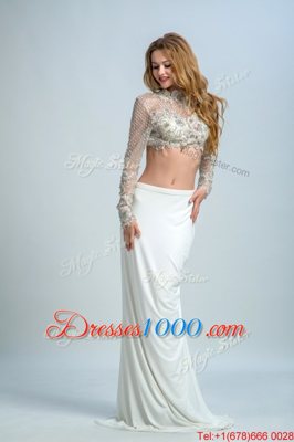 High-neck Long Sleeves Elastic Woven Satin Prom Dresses Beading Backless