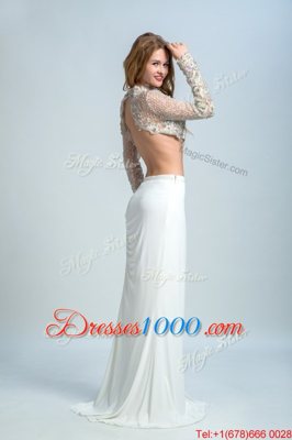 High-neck Long Sleeves Elastic Woven Satin Prom Dresses Beading Backless