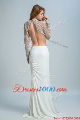 High-neck Long Sleeves Elastic Woven Satin Prom Dresses Beading Backless