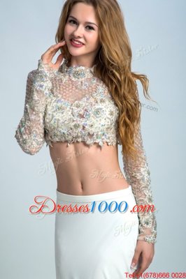 High-neck Long Sleeves Elastic Woven Satin Prom Dresses Beading Backless