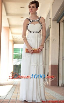 Dynamic Sleeveless Chiffon Floor Length Side Zipper Prom Dress in White for with Beading and Ruching