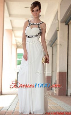 Dynamic Sleeveless Chiffon Floor Length Side Zipper Prom Dress in White for with Beading and Ruching
